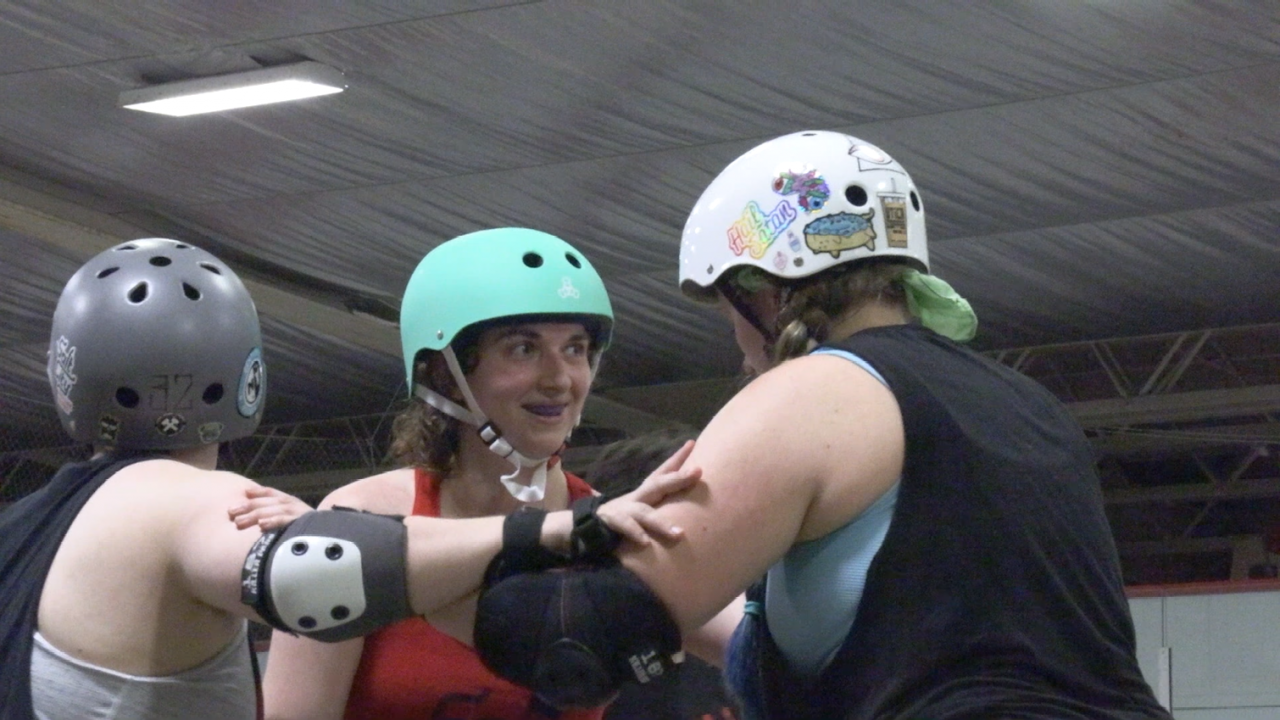 Salt City Roller Derby teammates practice at Fulton Ice Rink Tuesday evening.