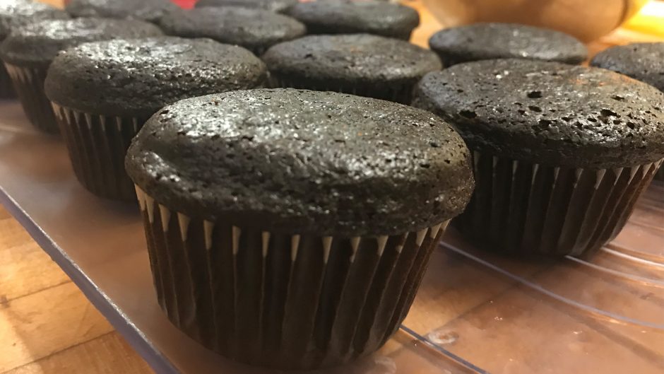 A row of the cake base of the Dark Chocolate Mexican cupcakes.