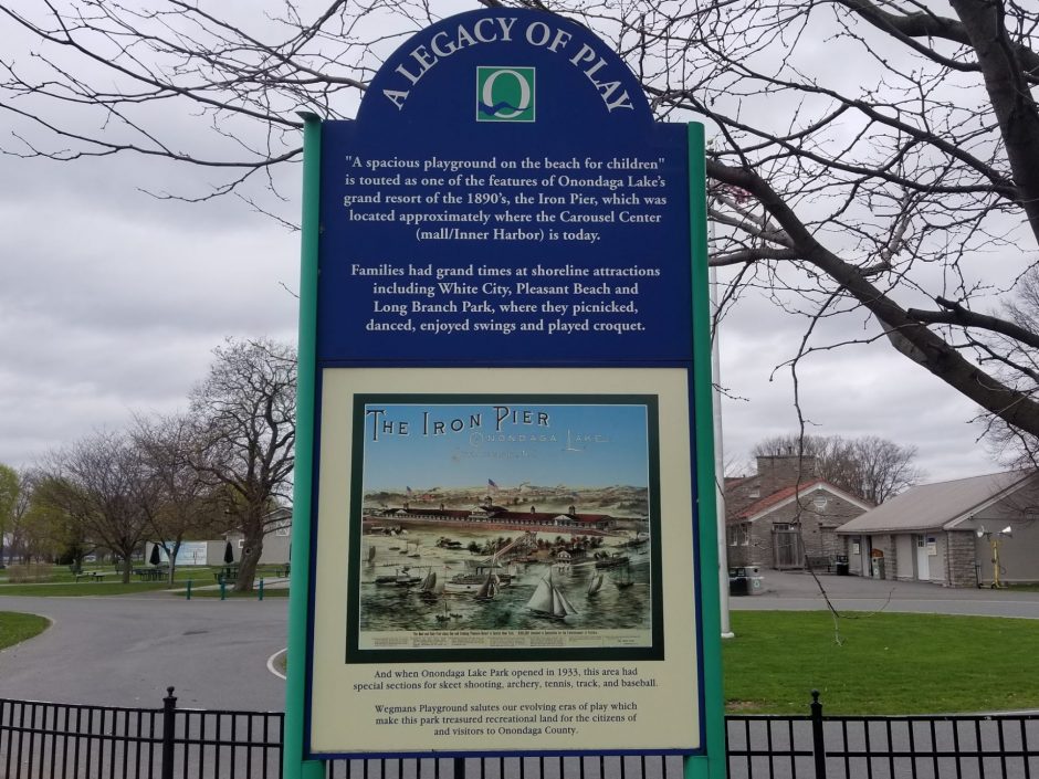 A sign about the history of Onondaga Lake and relatively new playground. Back in 1994, the lake was declared a Superfund site. Now, the area around the lake is more family-friendly.