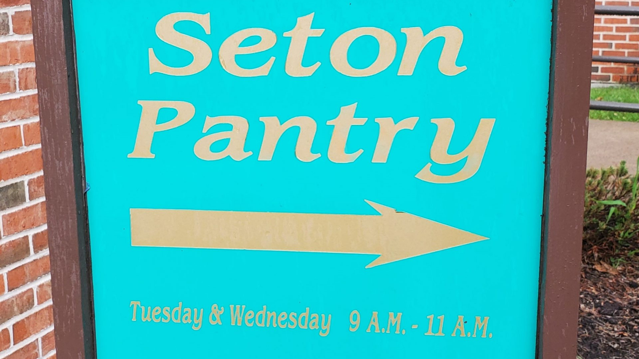 Pictured is the sign that sits outside Saint Elizabeth Ann Seton's food pantry.