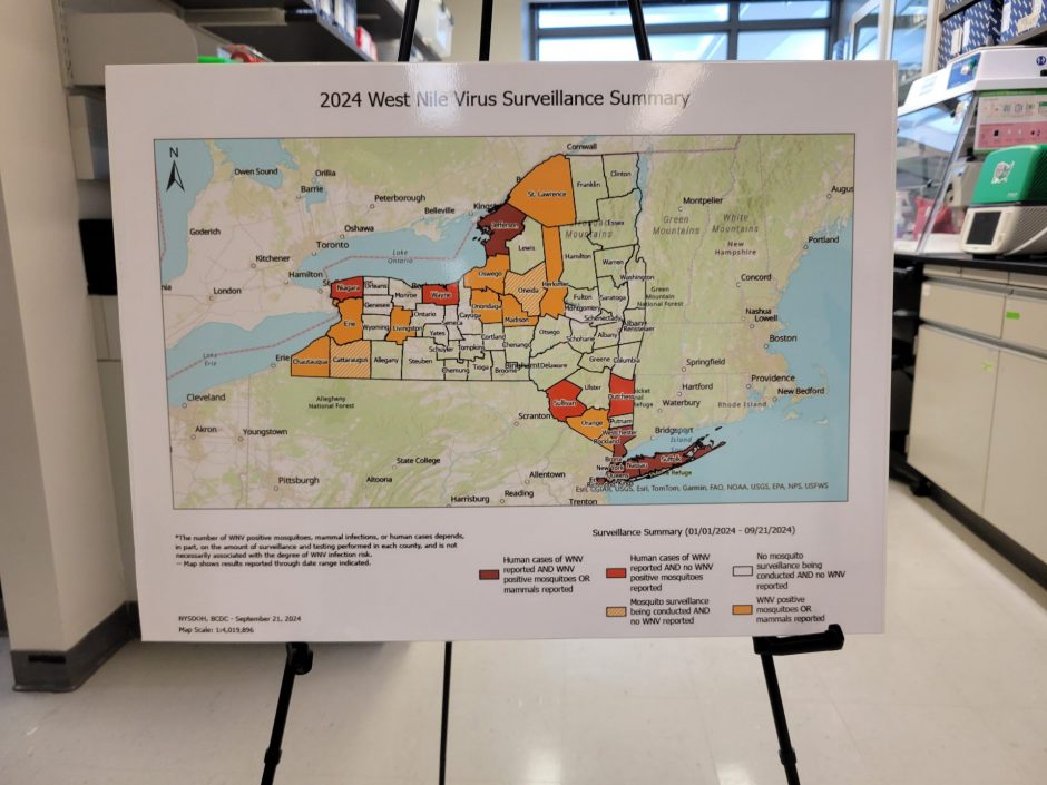 A chart of New York State showing the spread of West Nile Virus