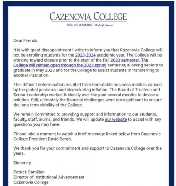 Cazenovia College announcement of the pending closing of the college.