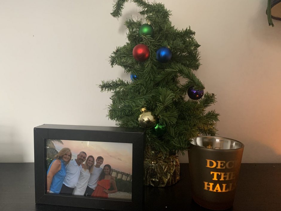 Photo of a family next to a small Christmas tree.