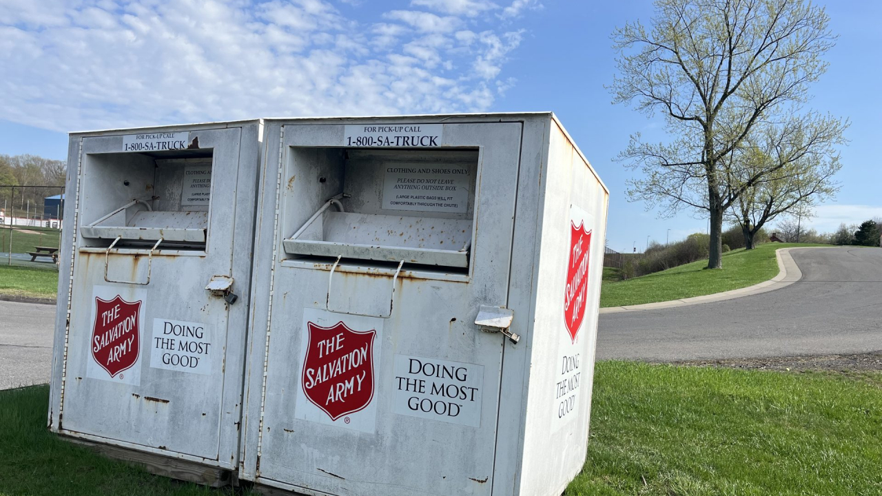Salvation Army donation bins sit on South Campus at Syracuse University.