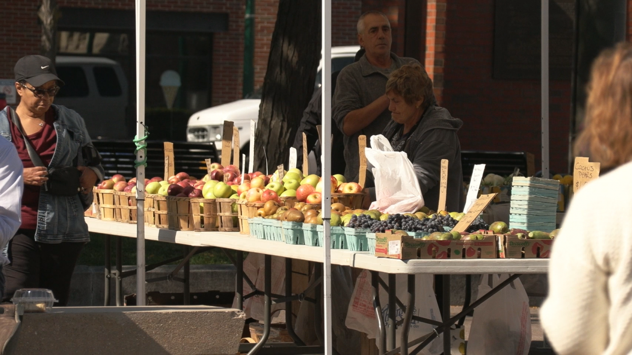 Customers browse through vendor tents along Clinton Square for fresh produce.