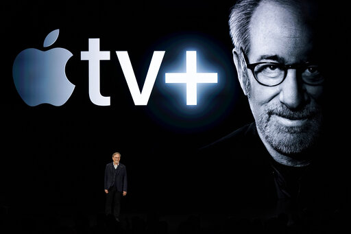 Steven Spielberg talks at the Apple news event, promoting his involvement in Apple TV+ exclusive content.