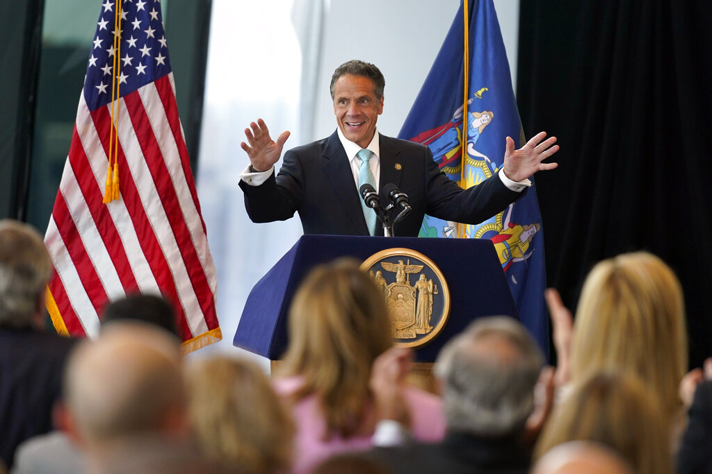 Gov. Andrew Cuomo at a podium during a press conference.