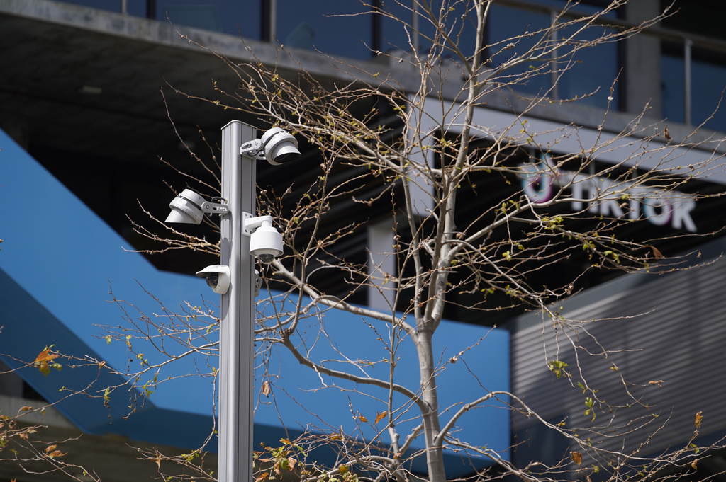 Security cameras are seen at the TikTok Inc. building in Culver City, Calif.,