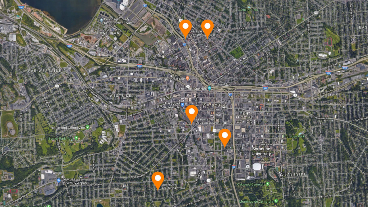 The five locations of the recent youth violence in Syracuse.