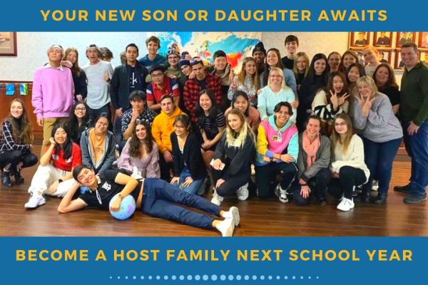 Advertisement with ISE logo in the top left corner. Text at top of ad says "YOUR NEW SON OR DAUGHTER AWAITS." In the middle there is an image of a group of students posing for an image. Text at the bottom of the image says "BECOME A HOST FAMILY NEXT SCHOOL YEAR. The safety of our participants, schools, host families, and communities remains our top priority. All students will be screened to ensure they are healthy and COVID-19 symptom-free before coming to the U.S.A.