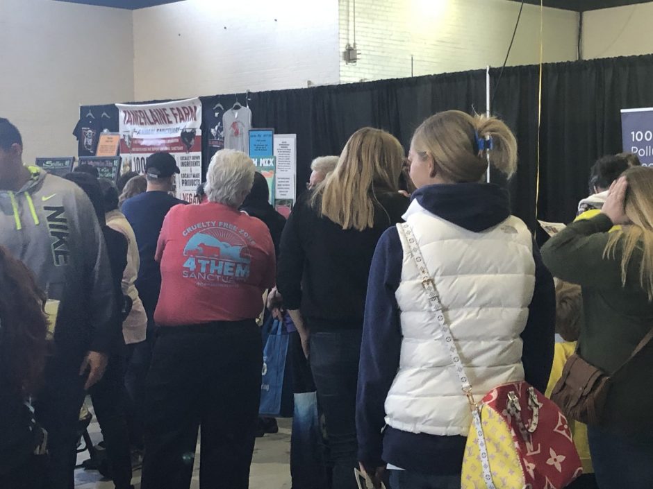 People wait in line for vegan food from food vendors at the Syracuse VegFest.
