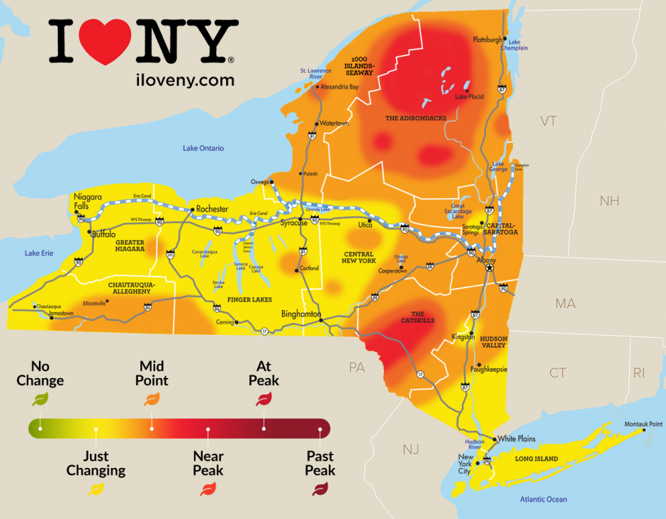 Heat map of fall foliage in New York State. The Adirondacks and Catskills have nearly peaked in fall colors.
