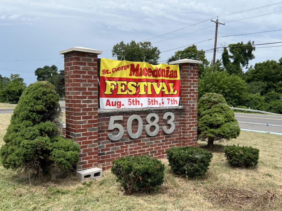 The sign outside St George Orthodox displays an advertisement for the Macedonian Festival.