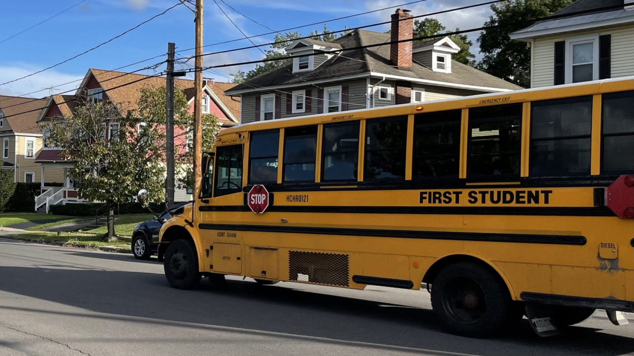 First Student Bus drives to Bellevue Elementary School in Syracuse, N.Y.