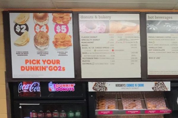 The Dunkin' menu with donuts, bagels and muffins.