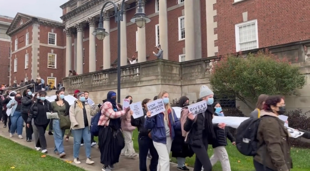 Students march across the Syracuse University campus during a pro-Palestinian protest last Thursday.