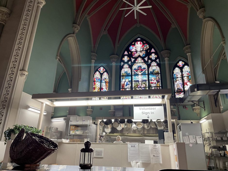 The kitchen and stained glass windows in the Samaritan Center.