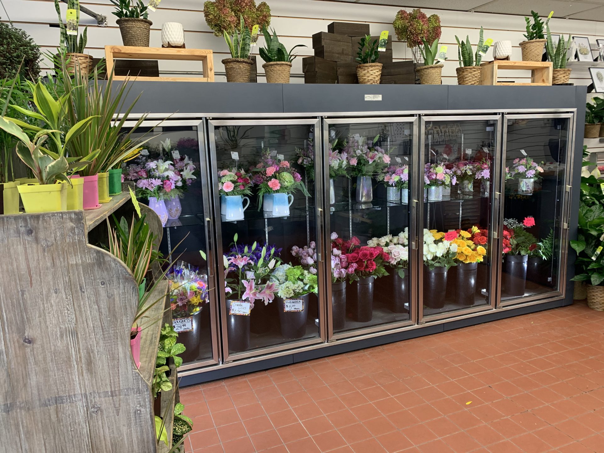 On the left side of the display case, some pre-assembled Mother's Day baskets reside. Or, Westcott allows you to order custom arrangements ahead of time.