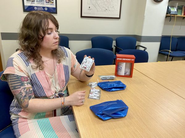Mariah Senecal-Reilly of the Onondaga County Health Department demonstrating how to administer Narcan.