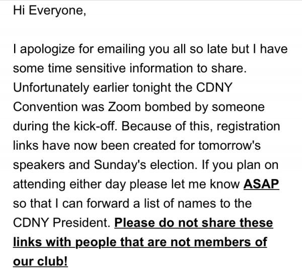 Part of the email sent to SU College Democrats members.