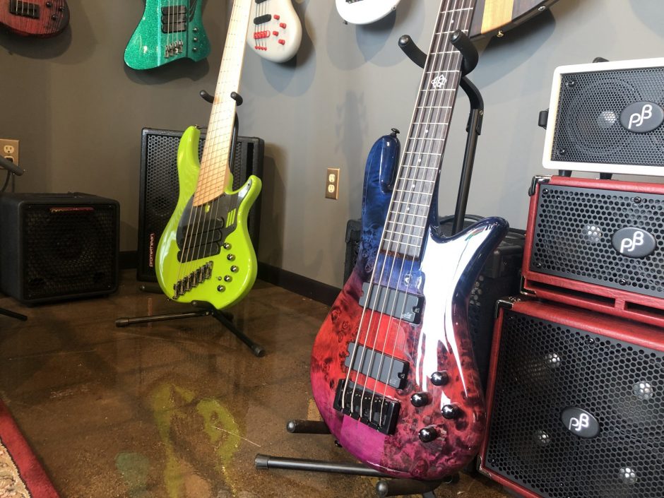 Guitars on display in corner of Ish Guitars.
