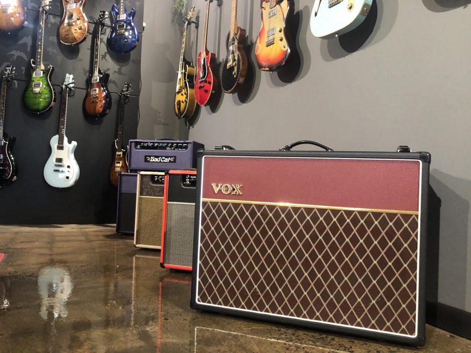 Amps and guitars in Ish Guitars showroom.