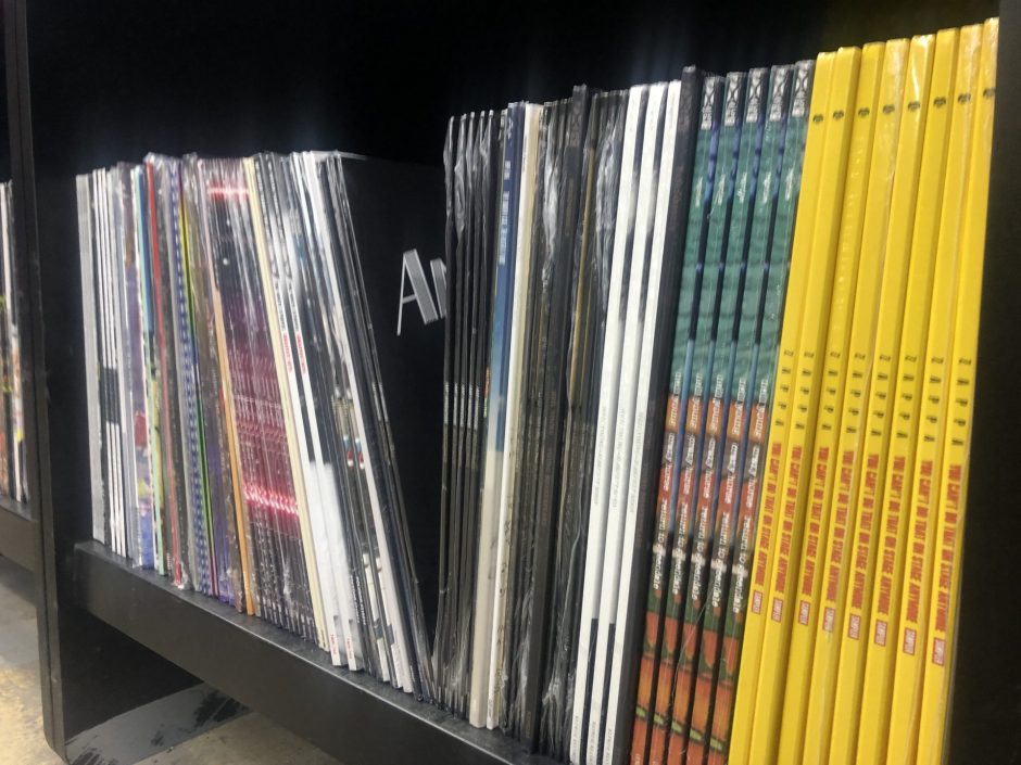 Vinyl records stacked on a shelf at The Sound Garden, a record store in Syracuse.