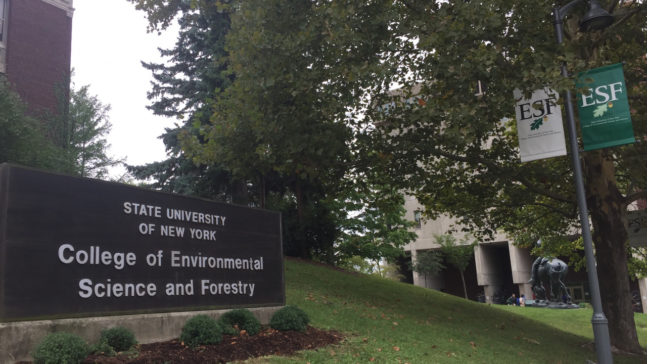 SUNY ESF sign at the entrance to campus