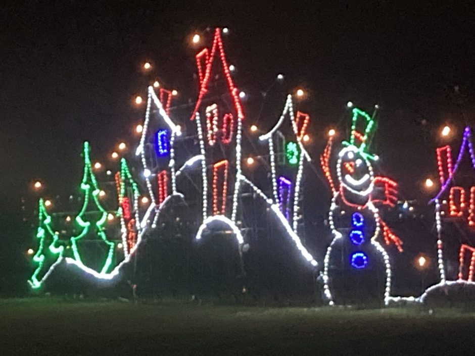 Light display showing a snowman with some houses and Christmas trees.
