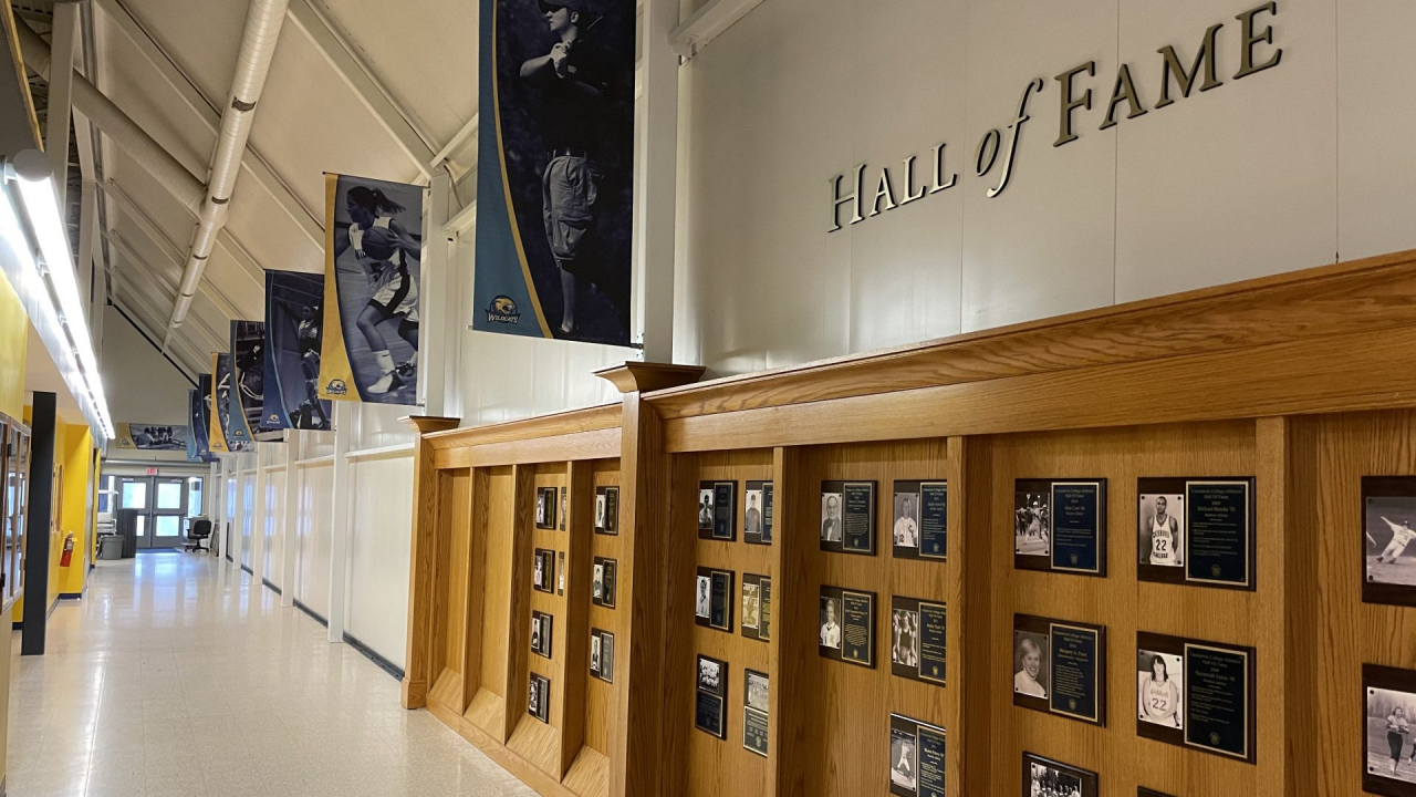 An empty hallway featuring the Cazenovia Wildcats Athletic Hall of Fame