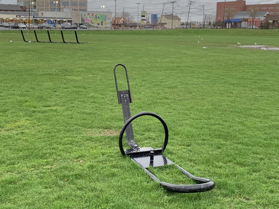 Football sleds without padding in the Fowler High School Field.