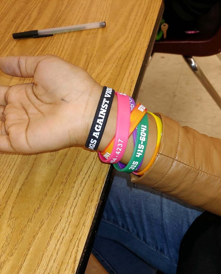 OG's Against Violence bracelet on a students wrist