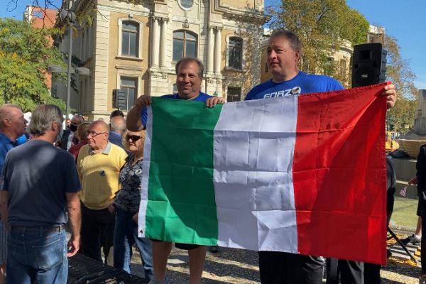 Members of the Syracuse Italian community celebrate at Columbus Circle Monday.