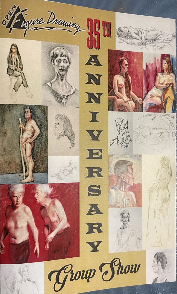 A photograph of the Open Figure Drawing 35th Anniversary Group Show booklet. The booklet includes all of the artwork featured in the exhibit as well as additional works created by the artists. 