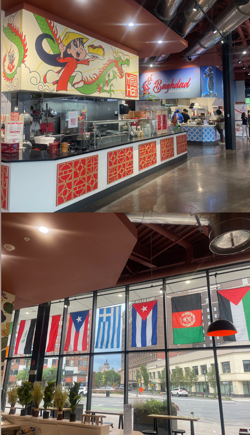 Top photo features Mamma Hai Restaurant and Baghdad Restaurant inside of Salt City Market. The bottom photo are the flags hanging throughout Salt City Market on the left side of the building.