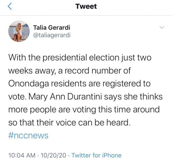 Tweet from reporter Talia Gerardi today.