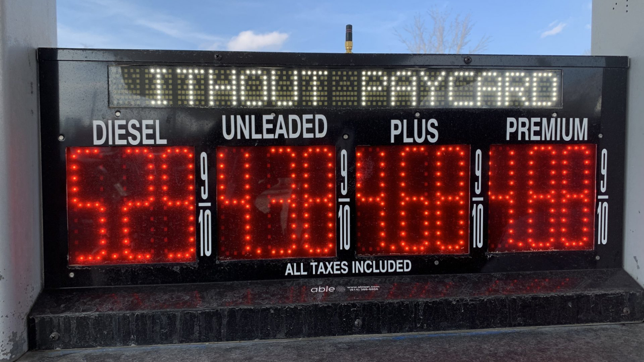 A sign at Speedway gas station in Syracuse displaying gas prices in neon red. $4.38 for unleaded, $4.68 for plus, $4.88 for premium, and $5.29 for diesel.