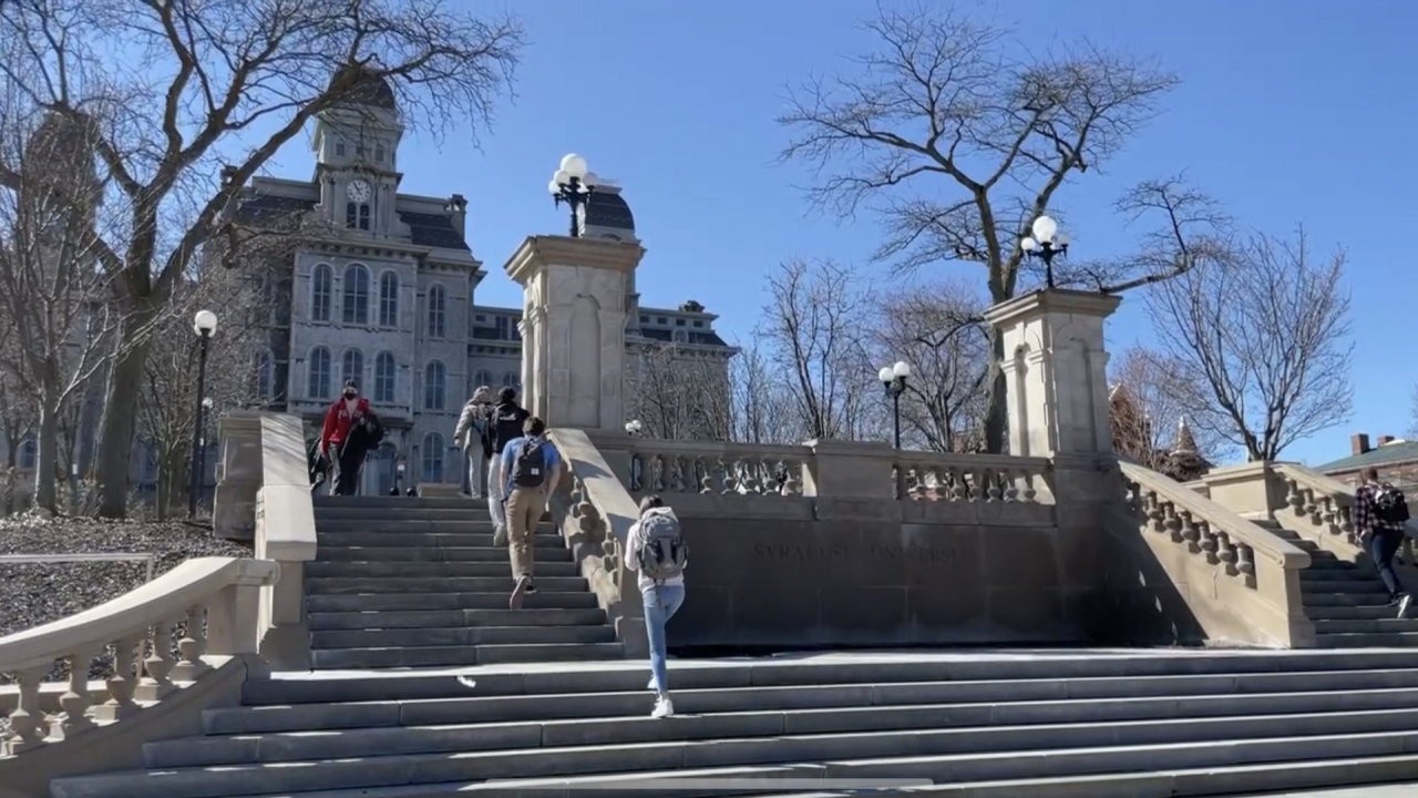 Syracuse University's Hall of Languages with students walking.