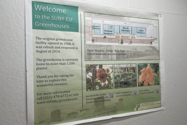 A welcome sign to the ESF greenhouse
