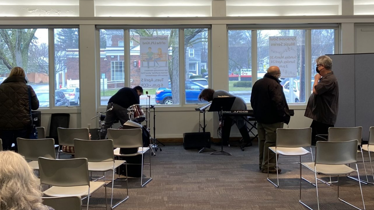 Local Liverpool band "The Jazz Junction" performs at the Liverpool Public Library.