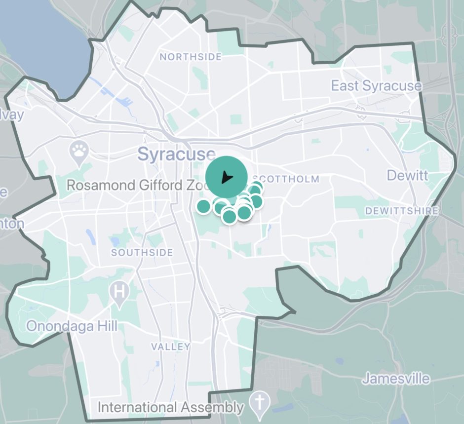 A map of Syracuse with a border and dots representing where you can find electric scooters.