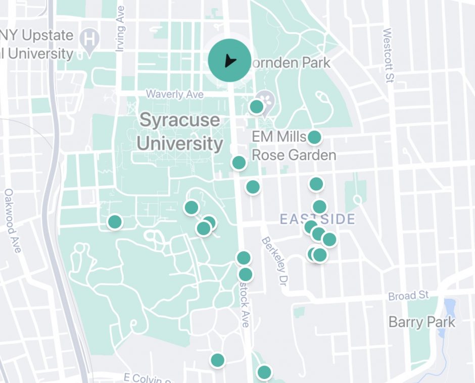 A map showing Syracuse University and where scooters and bikes are available on campus.