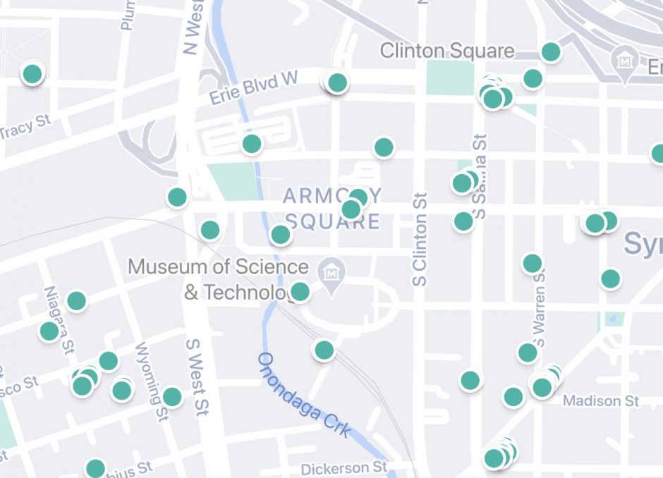 A map showing Armory Square and the scooters and bikes there.