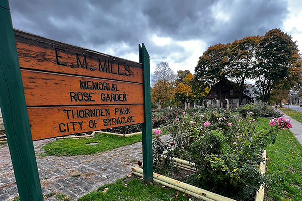 A sign welcomes visitors to the E.M. Mills Rose Garden at Thornden Park.