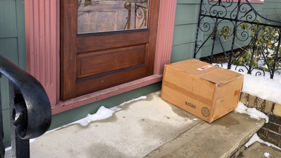 a package on a front porch.