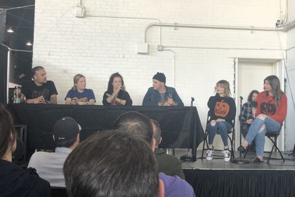 Joel Capolongo (farthest to the left) sits on a panel with three other owners of vegan restaurants in New York State about owning a vegan business in 2019.