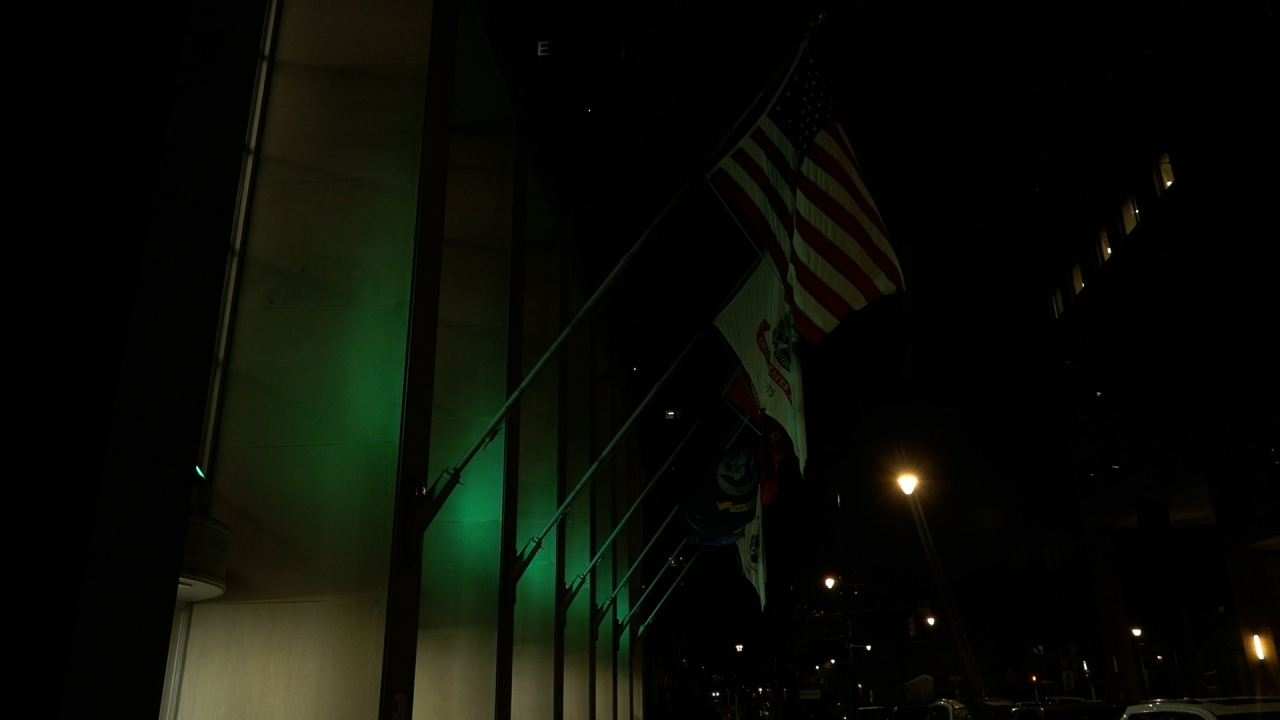 Flags outside the War memorial are lit up green.