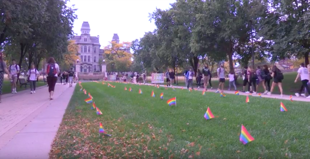 Rainbow flags outside of the Hall of Languages in Syracuse, NY.