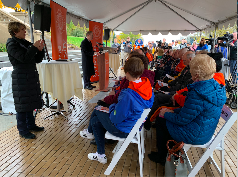 Chancellor Kent Syverud gives a speech honoring the completion of Cycle to Syracuse.