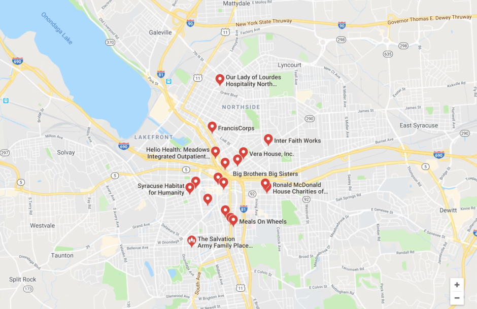 google maps with several volunteer locations pinpointed